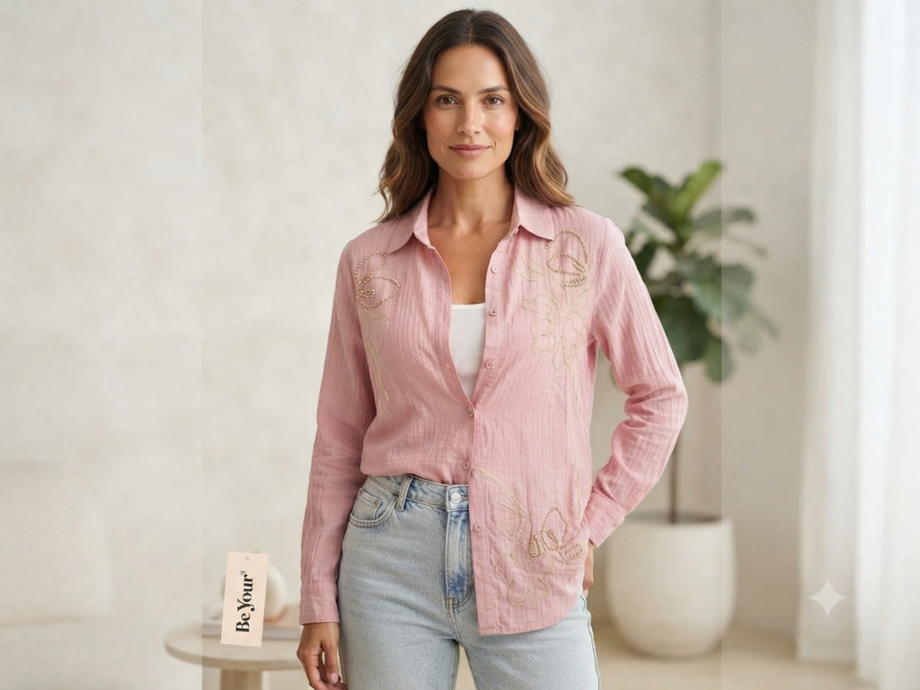 Women's Pink Embroidered Cotton Long-Sleeve Shirt