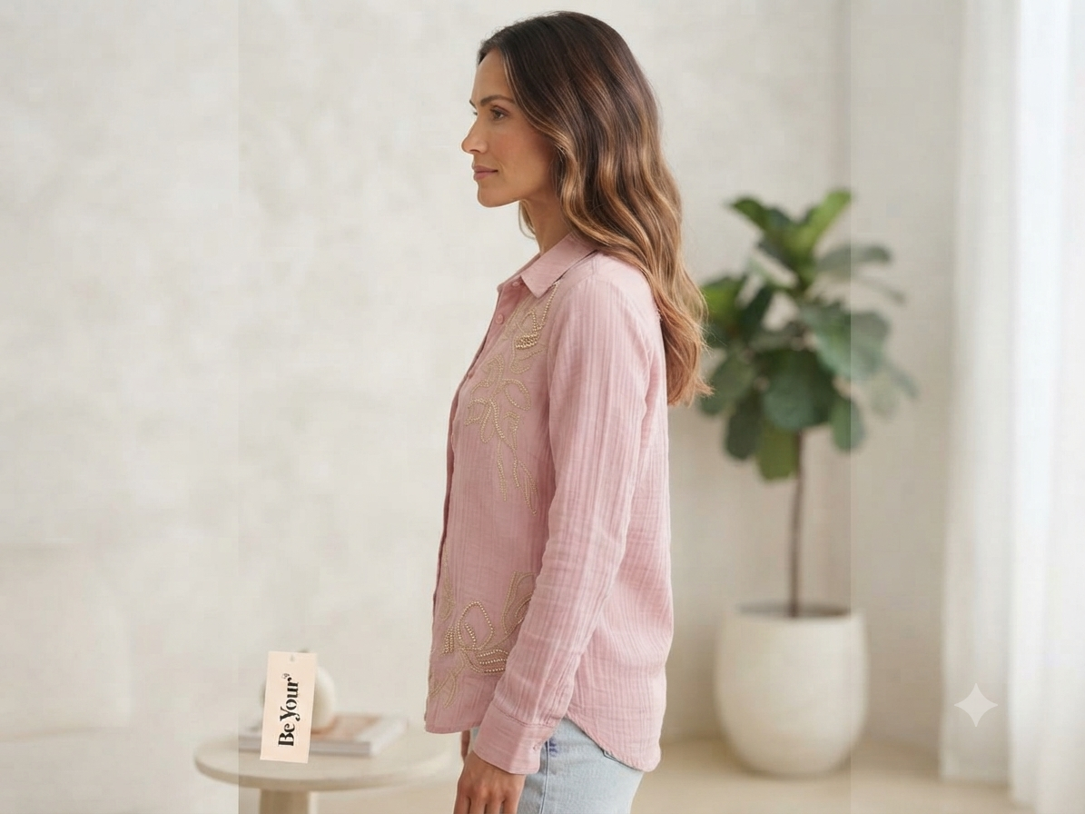 Women's Pink Embroidered Cotton Long-Sleeve Shirt