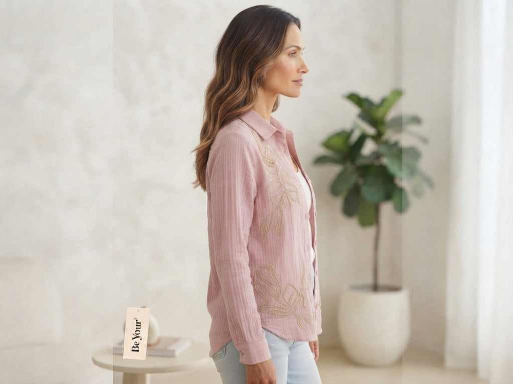 Women's Pink Embroidered Cotton Long-Sleeve Shirt