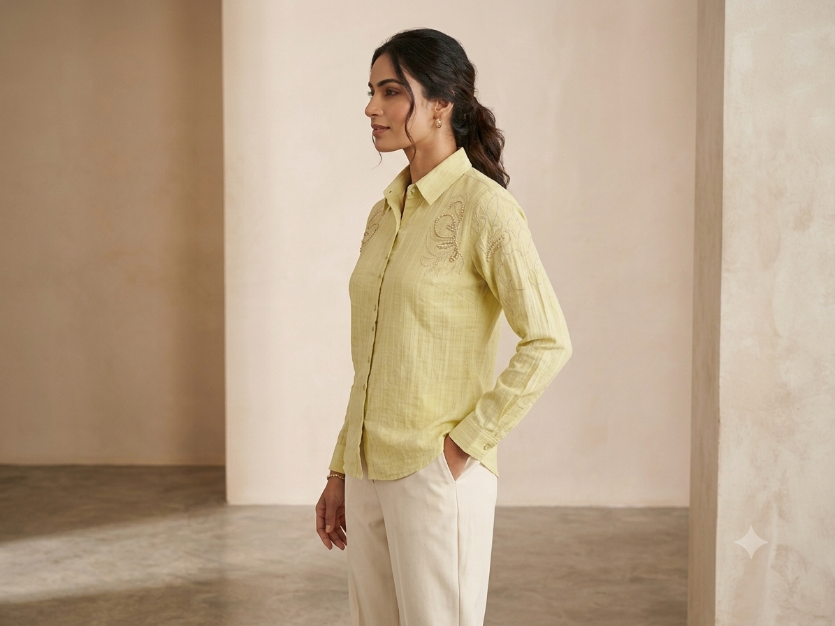 Pastel Yellow Embroidered Linen-Blend Shirt | Elegant Casual Top