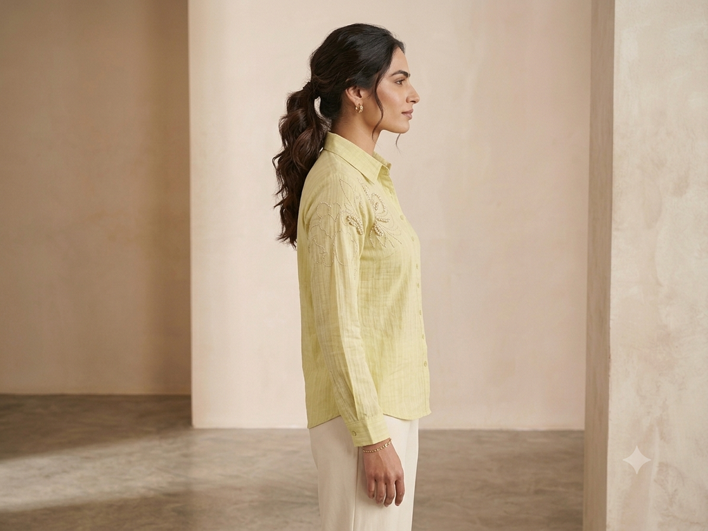 Pastel Yellow Embroidered Linen-Blend Shirt | Elegant Casual Top