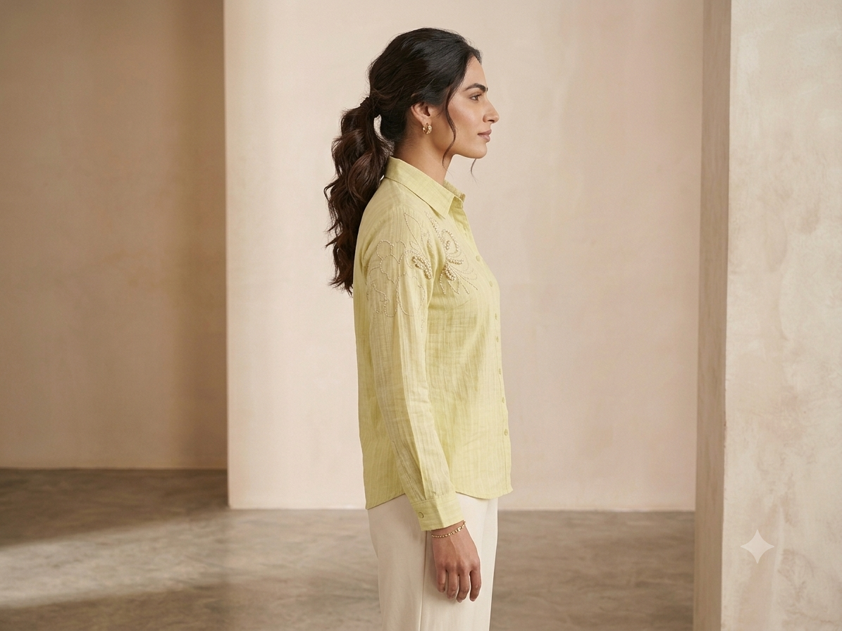 Pastel Yellow Embroidered Linen-Blend Shirt | Elegant Casual Top