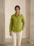 Olive Green Floral Embroidered Linen-Blend Shirt | Elegant Casual Top