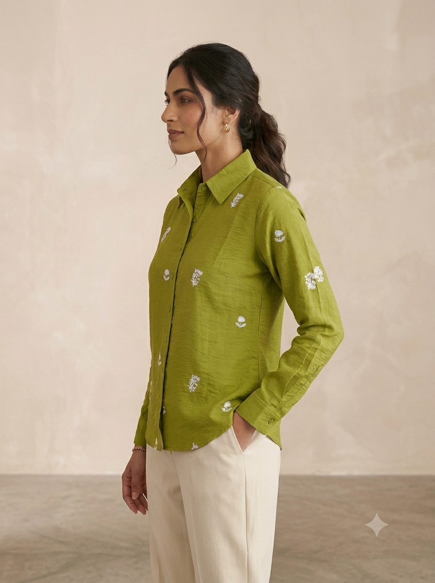 Olive Green Floral Embroidered Linen-Blend Shirt | Elegant Casual Top