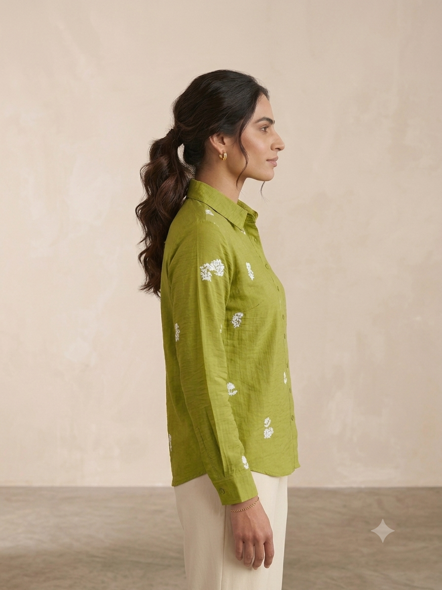 Olive Green Floral Embroidered Linen-Blend Shirt | Elegant Casual Top