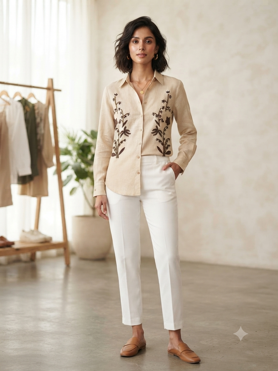 Women's Beige Embroidered Linen Shirt