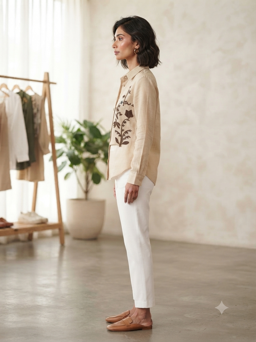 Women's Beige Embroidered Linen Shirt
