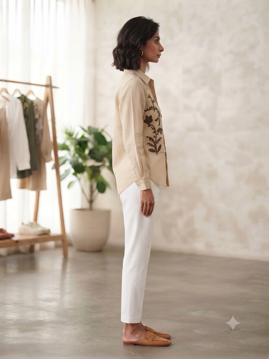 Women's Beige Embroidered Linen Shirt