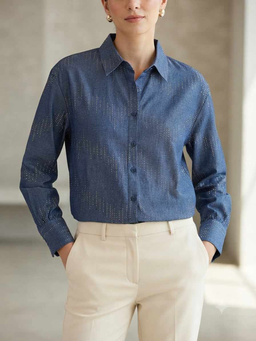Women's Blue Embellished Denim-Look Shirt