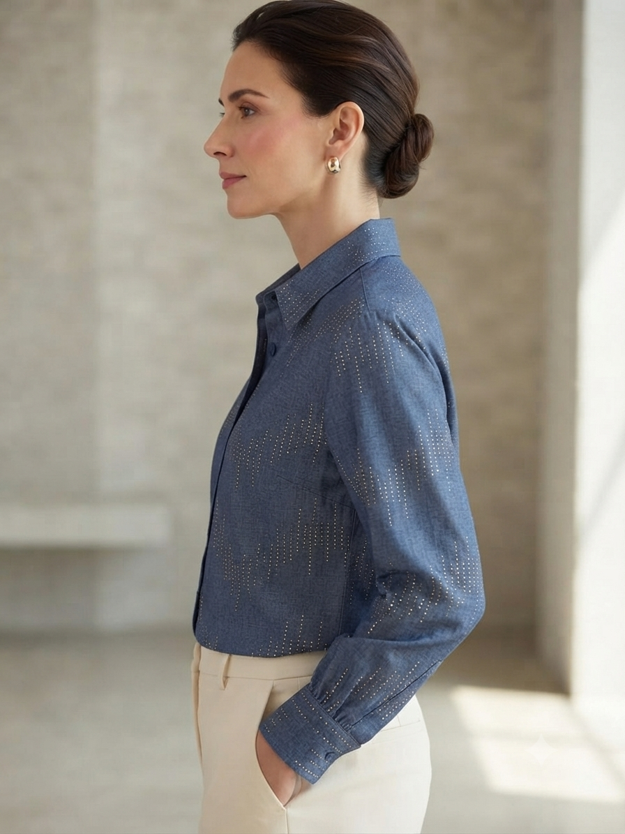 Women's Blue Embellished Denim-Look Shirt