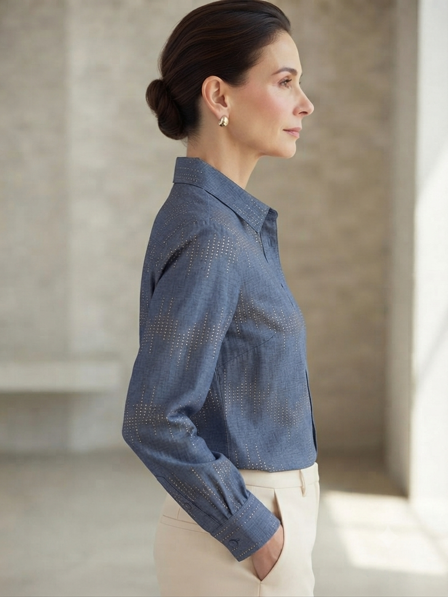 Women's Blue Embellished Denim-Look Shirt