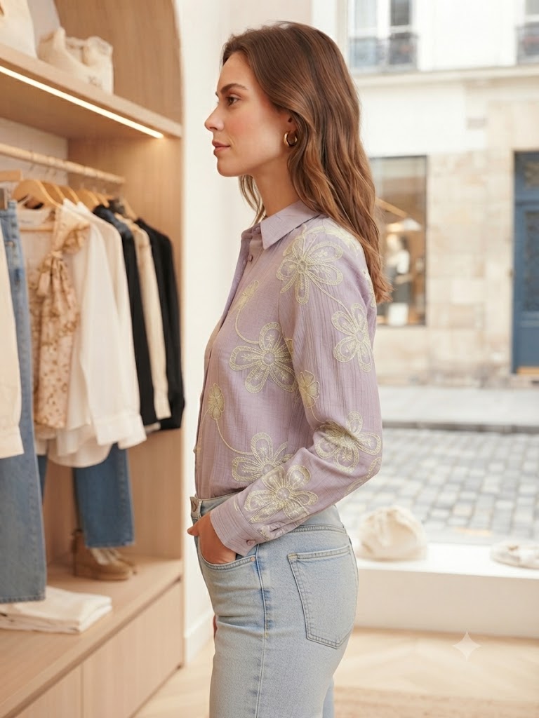 Women’s Lavender Floral Embroidered Button-Down Shirt