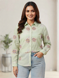 Pastel Green Floral Embroidered Cotton Shirt for Women