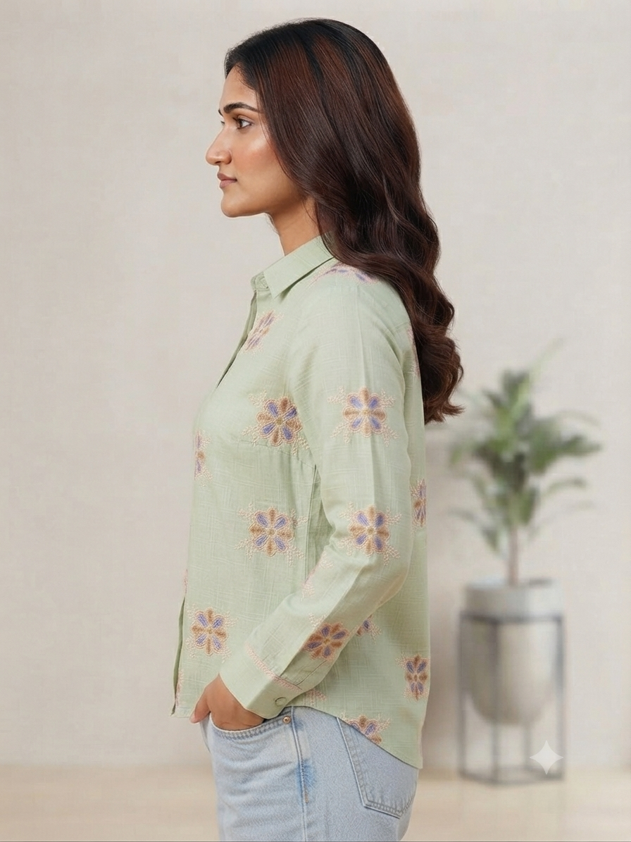 Pastel Green Floral Embroidered Cotton Shirt for Women