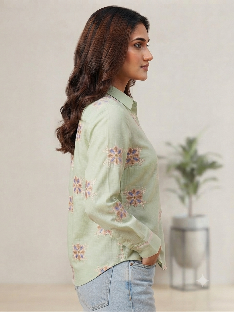 Pastel Green Floral Embroidered Cotton Shirt for Women