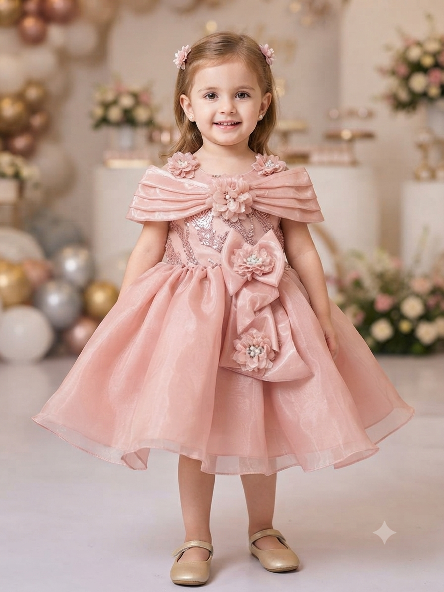 Blush Pink Sequined Off-Shoulder Party Frock for Girls | Olecuzi
