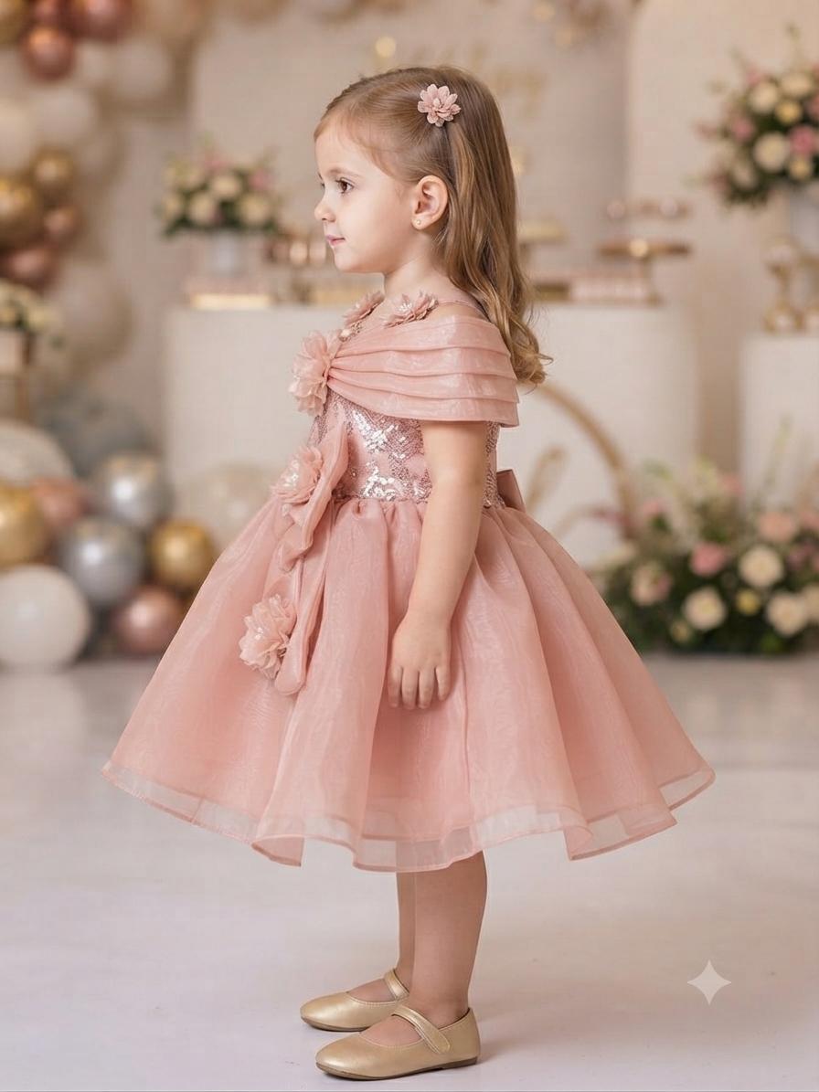 Blush Pink Sequined Off-Shoulder Party Frock for Girls | Olecuzi