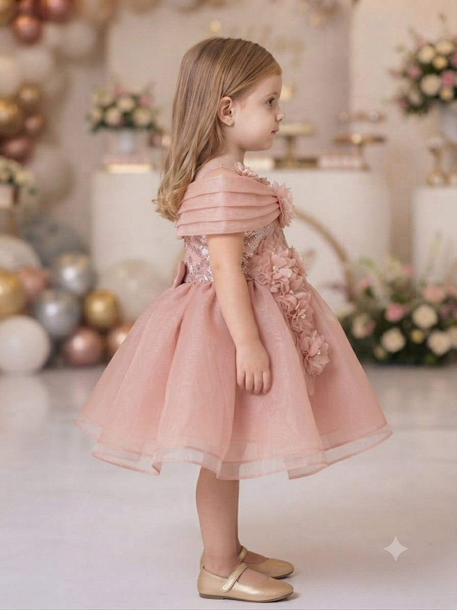 Blush Pink Sequined Off-Shoulder Party Frock for Girls | Olecuzi