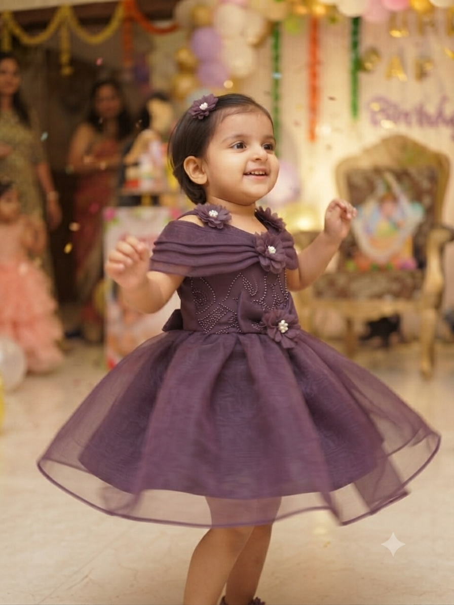 Teal Blue Off-Shoulder Embroidered Party Frock for Girls | Olecuzi