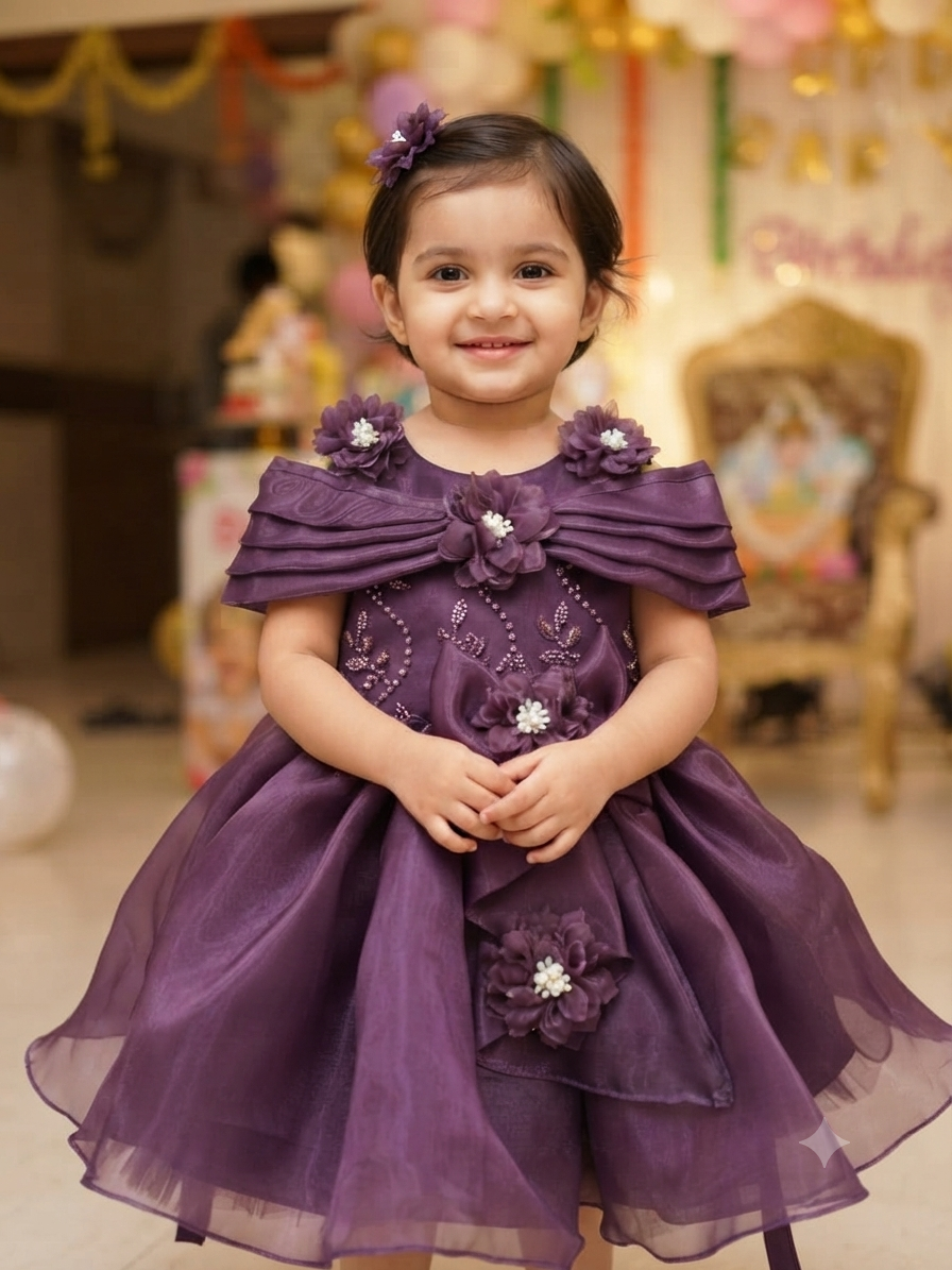 Teal Blue Off-Shoulder Embroidered Party Frock for Girls | Olecuzi