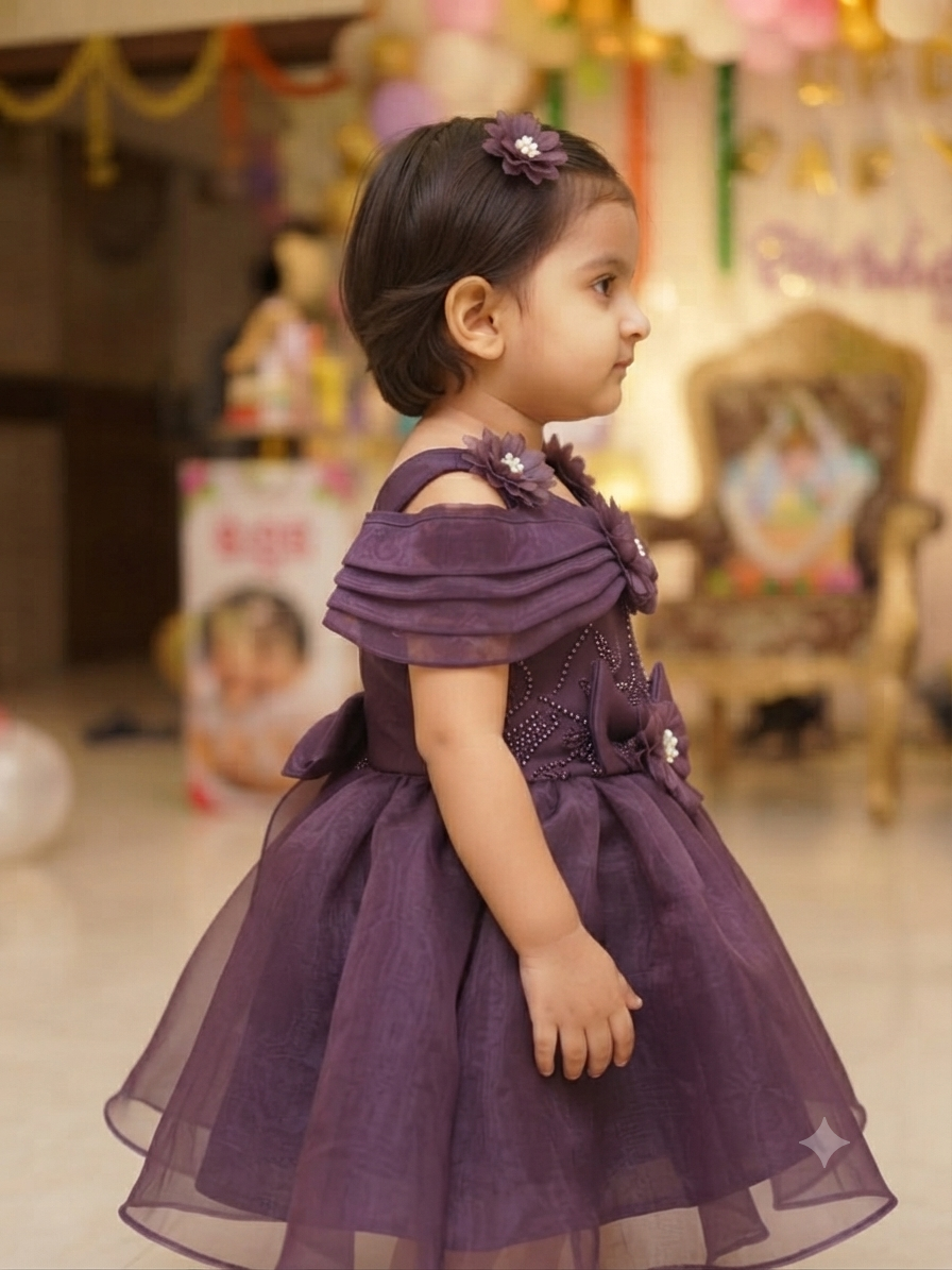 Teal Blue Off-Shoulder Embroidered Party Frock for Girls | Olecuzi