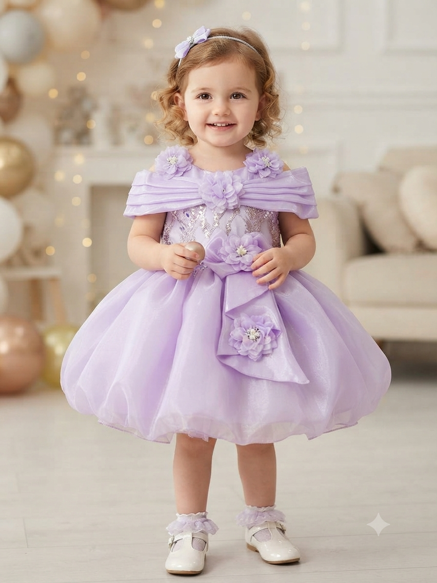 Lavender Sequined Off-Shoulder Floral Party Frock