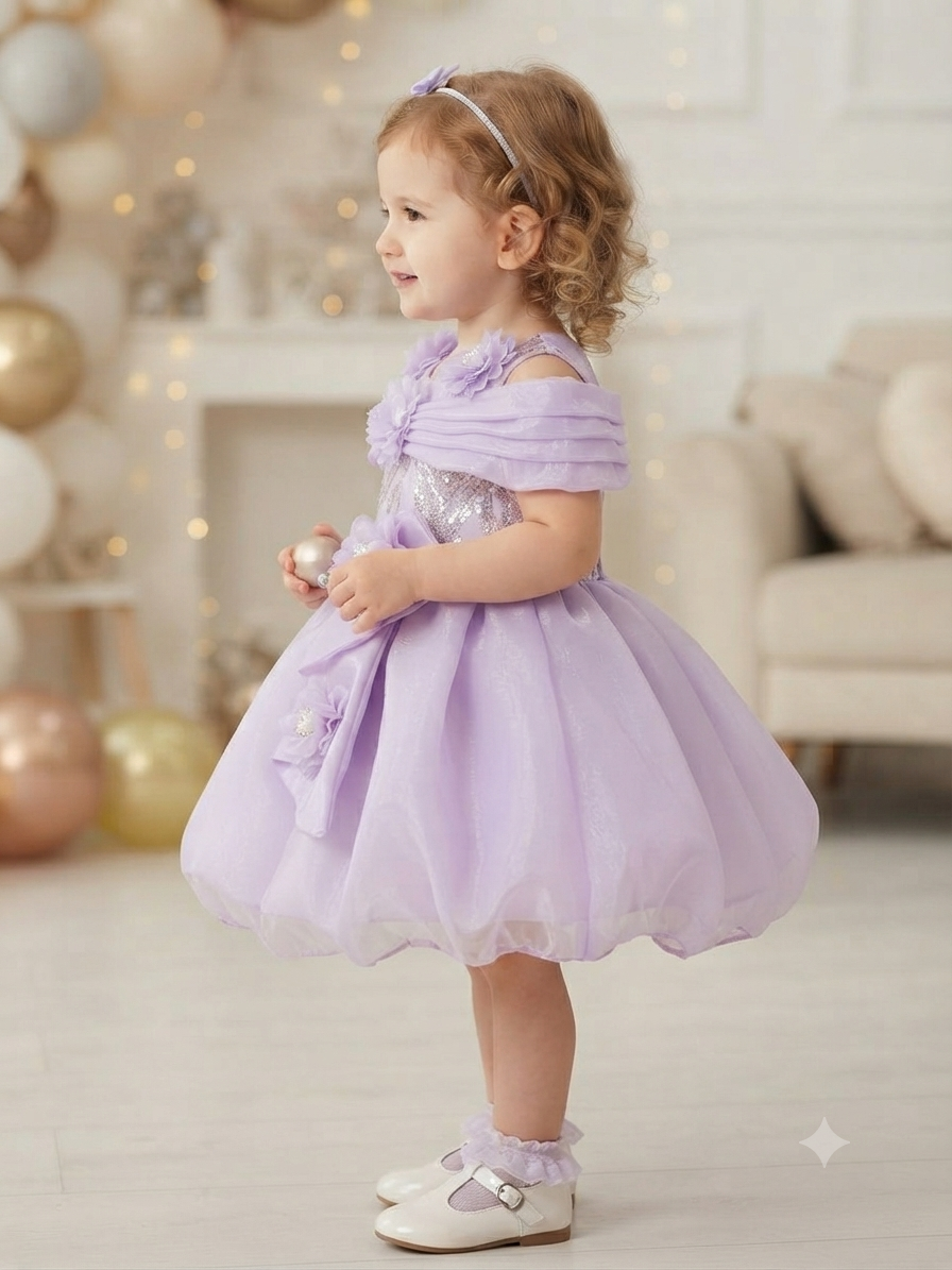Lavender Sequined Off-Shoulder Floral Party Frock