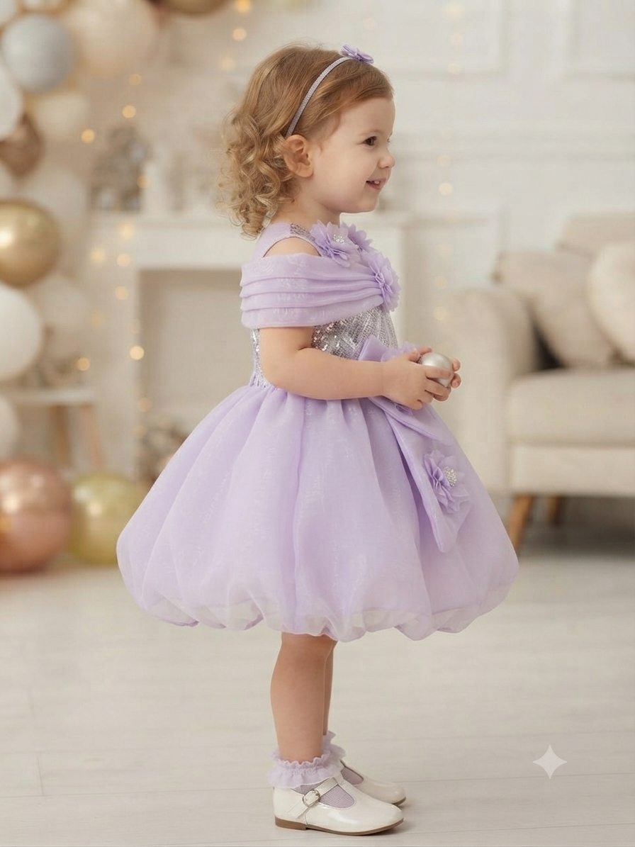 Lavender Sequined Off-Shoulder Floral Party Frock