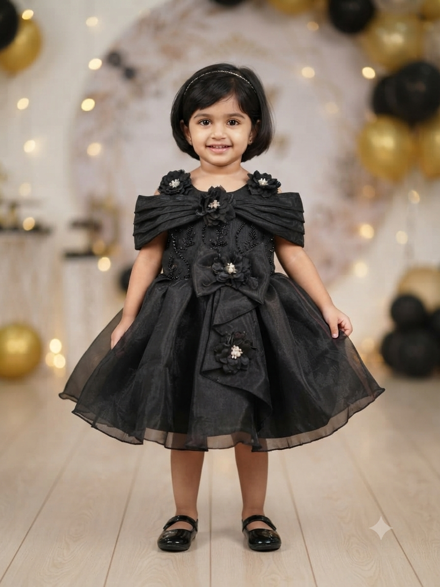 Elegant Black Floral Off-Shoulder Party Frock for Girls | Olecuzi