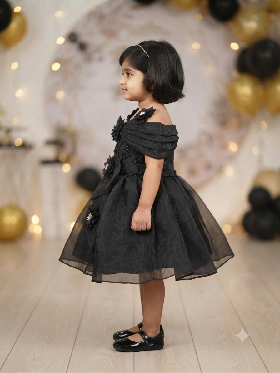 Elegant Black Floral Off-Shoulder Party Frock for Girls | Olecuzi