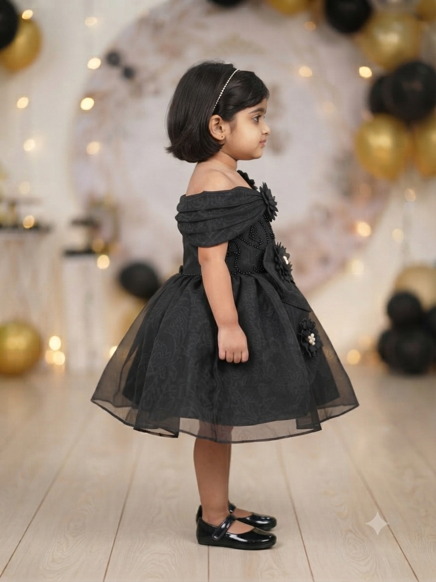 Elegant Black Floral Off-Shoulder Party Frock for Girls | Olecuzi