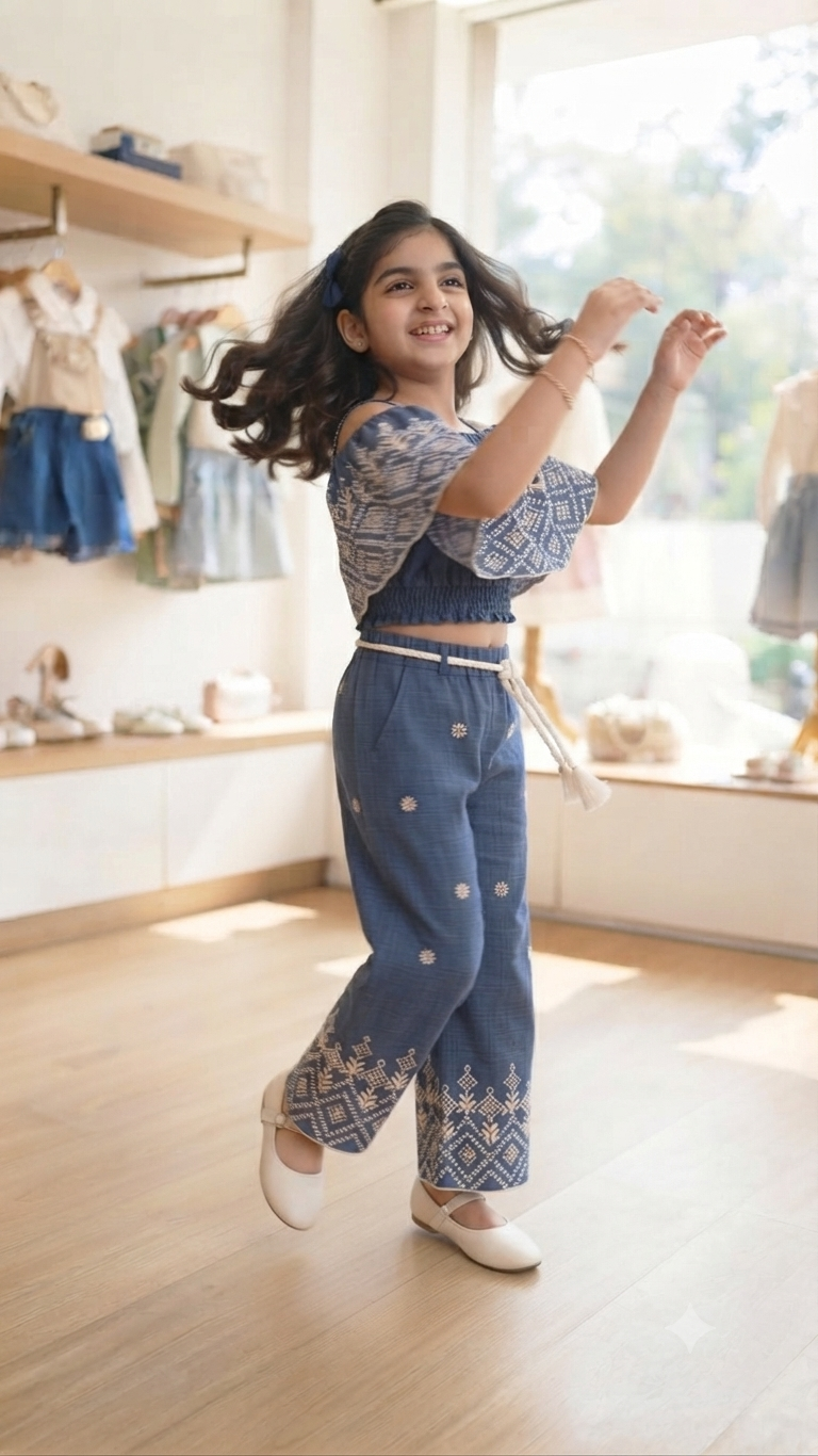 Girls Blue Embroidered Crop Top & Trouser Set