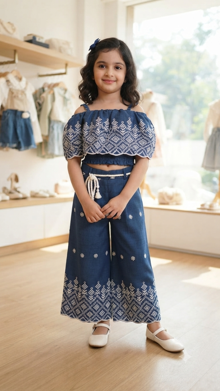 Girls Blue Embroidered Crop Top & Trouser Set