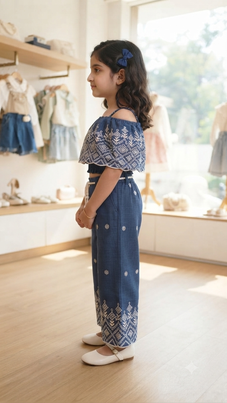 Girls Blue Embroidered Crop Top & Trouser Set