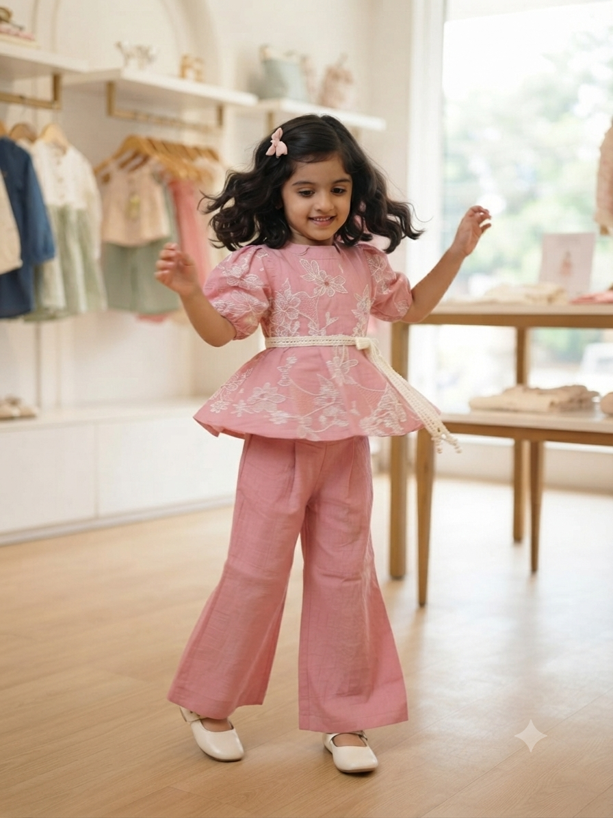Girls Pink Embroidered Top & Trouser Set