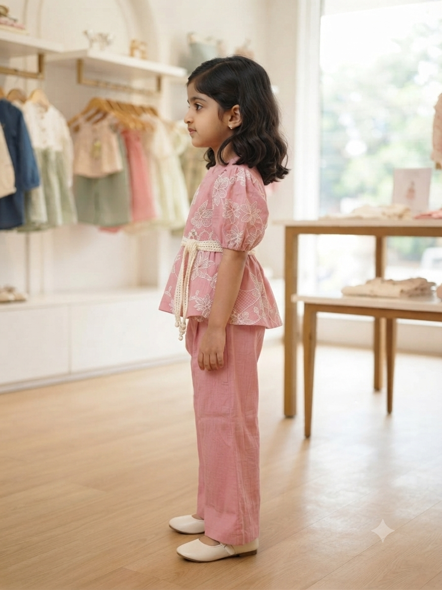 Girls Pink Embroidered Top & Trouser Set