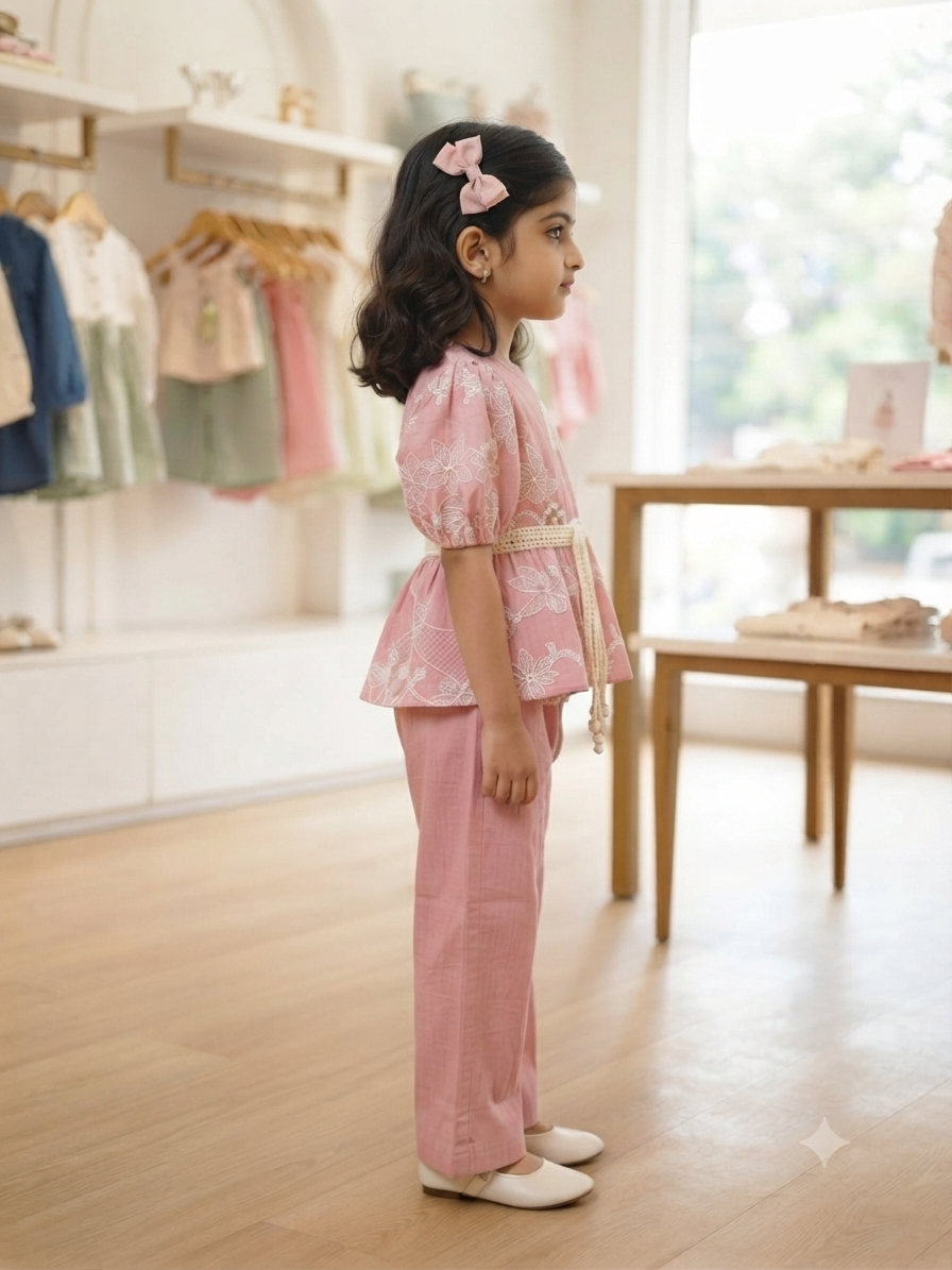 Girls Pink Embroidered Top & Trouser Set