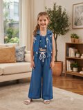 Girls Blue Palm Embroidered 3-Piece Co-Ord Set | Crop Top, Pants & Vest
