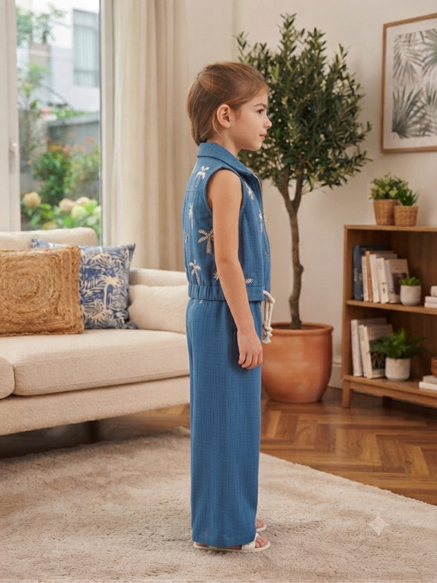 Girls Blue Palm Embroidered 3-Piece Co-Ord Set | Crop Top, Pants & Vest