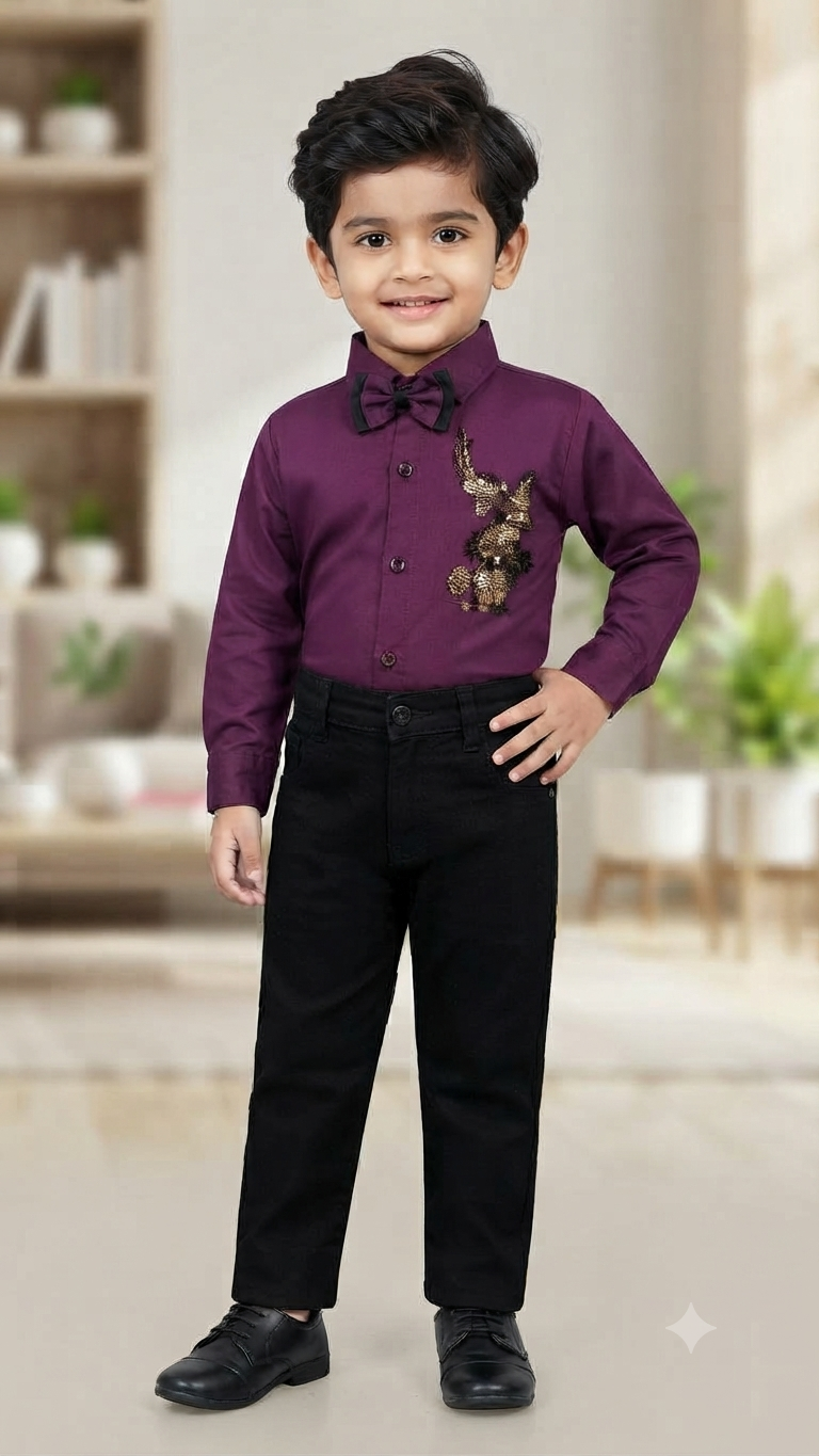 Boys Purple Shirt with Black Trousers, Suspenders, and Bow Tie Set – Olecuzi