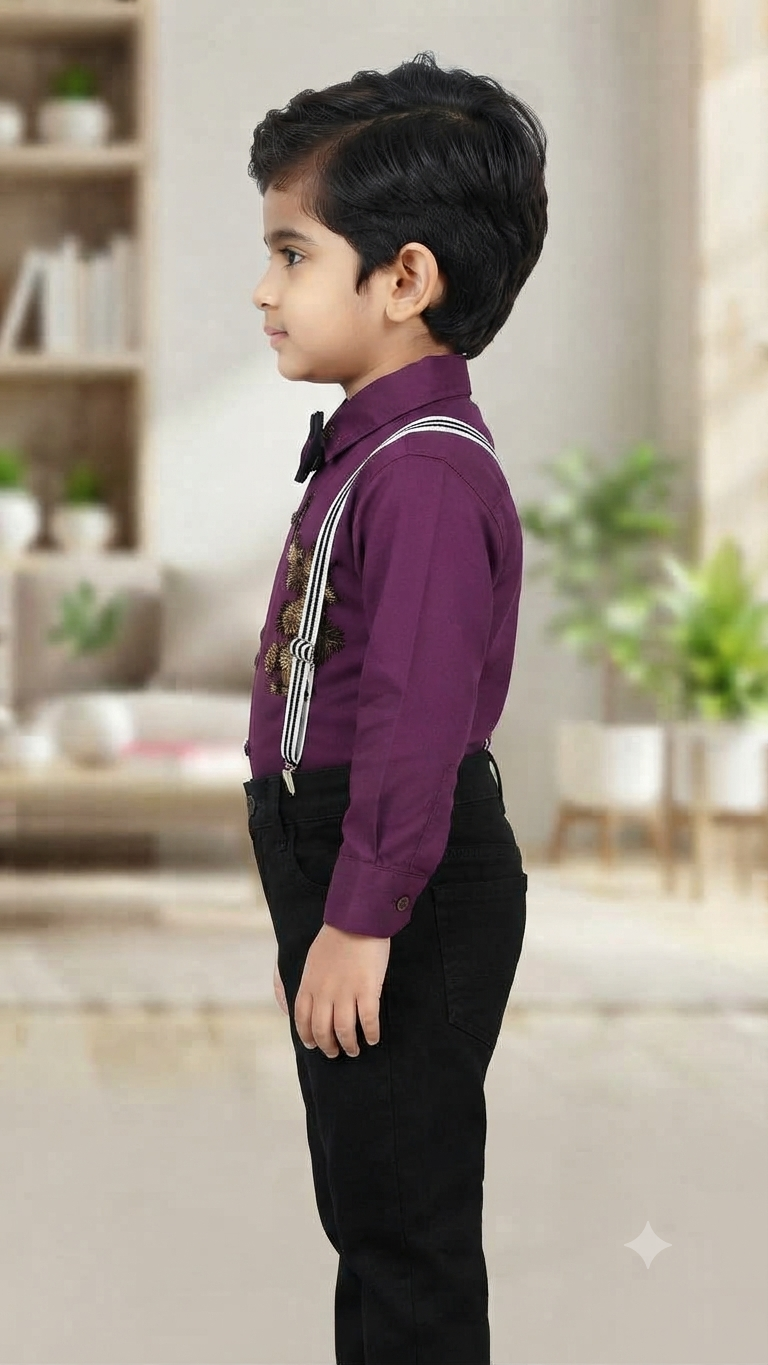 Boys Purple Shirt with Black Trousers, Suspenders, and Bow Tie Set – Olecuzi