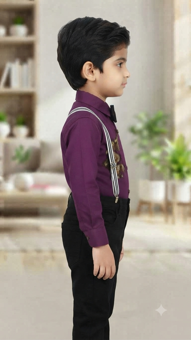 Boys Purple Shirt with Black Trousers, Suspenders, and Bow Tie Set – Olecuzi