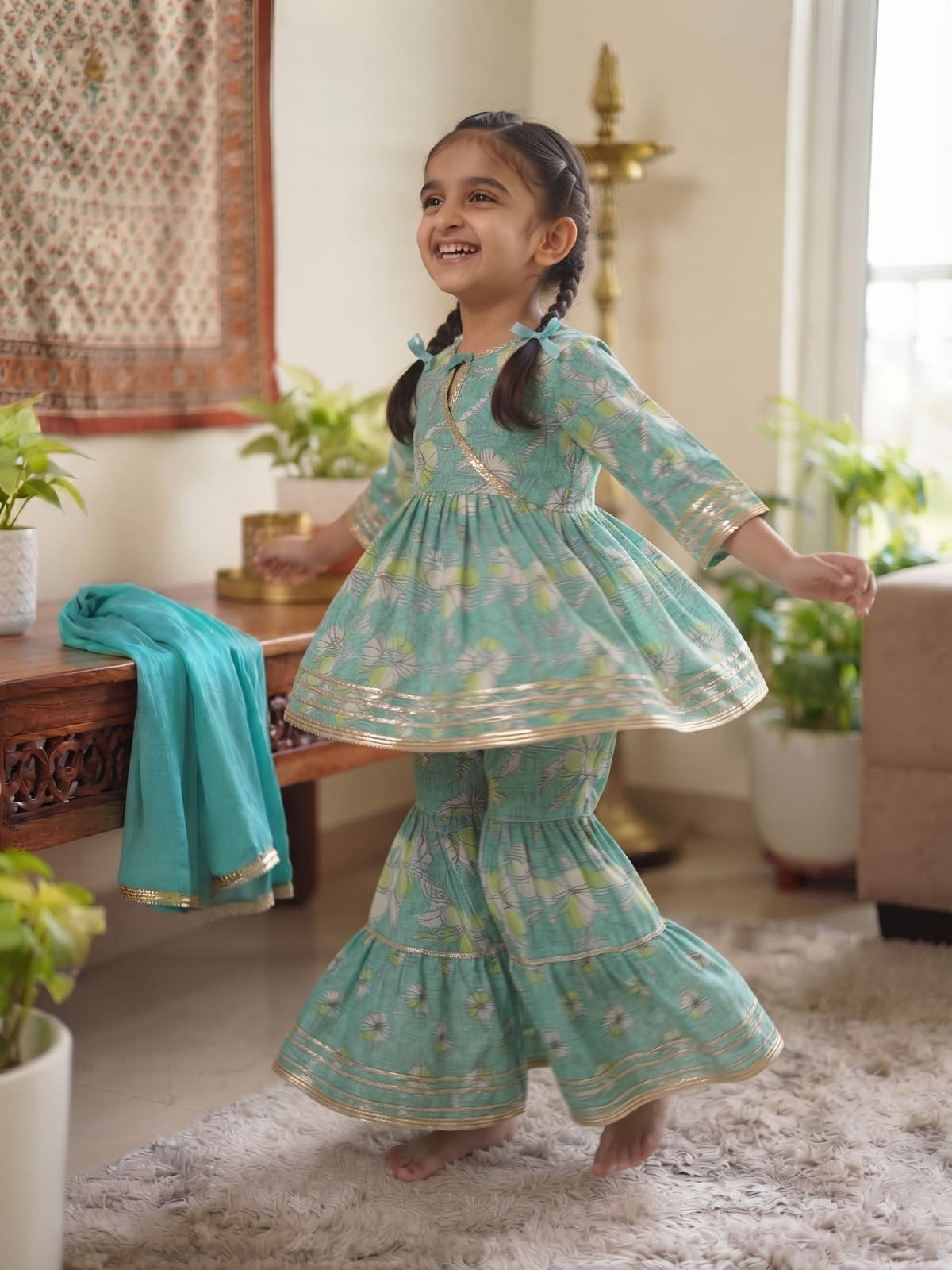 Kids Floral Print Peplum Kurta with Sharara and Dupatta Set