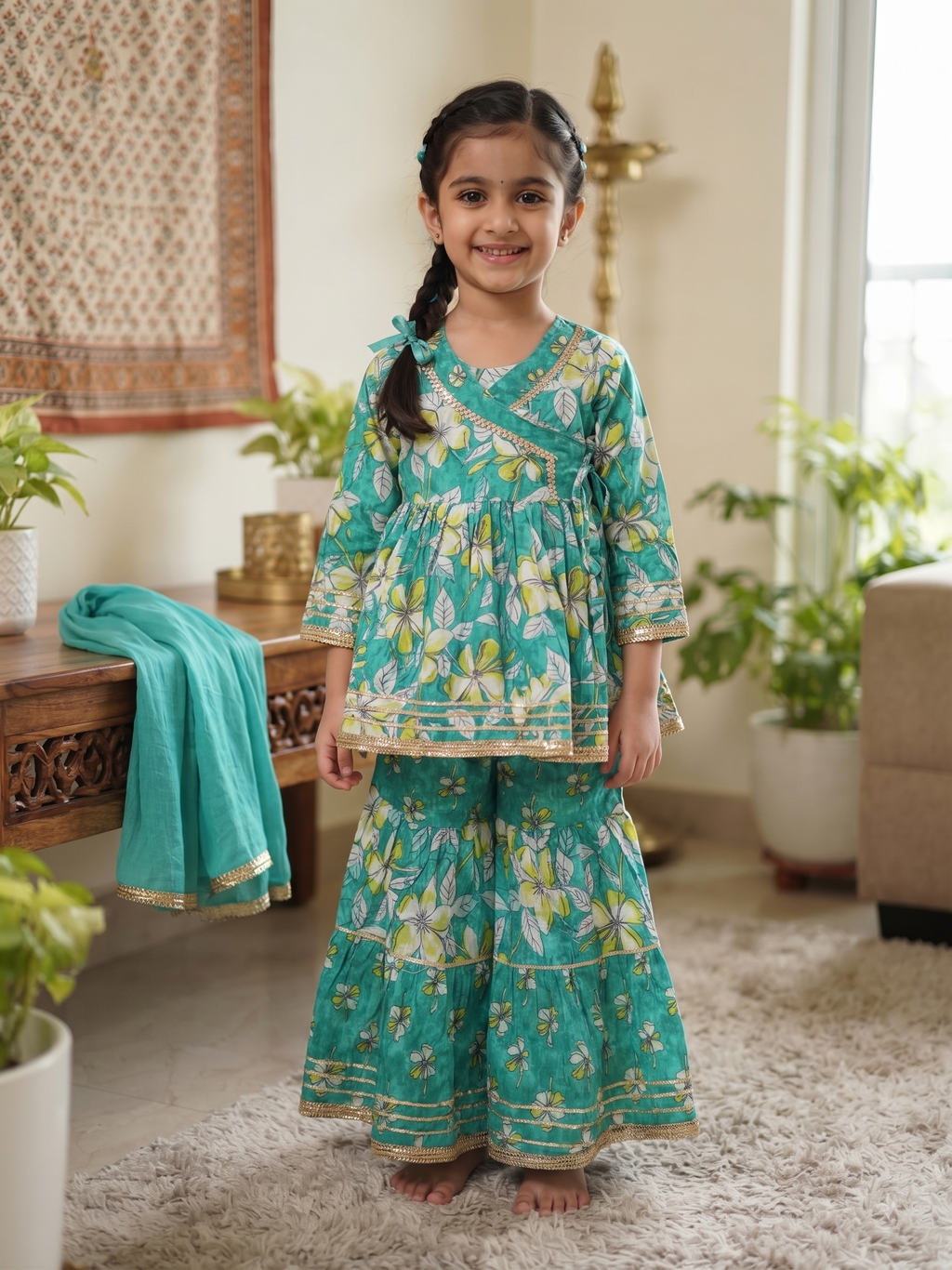 Kids Floral Print Peplum Kurta with Sharara and Dupatta Set
