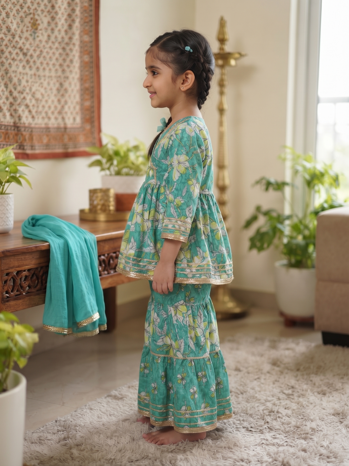 Kids Floral Print Peplum Kurta with Sharara and Dupatta Set