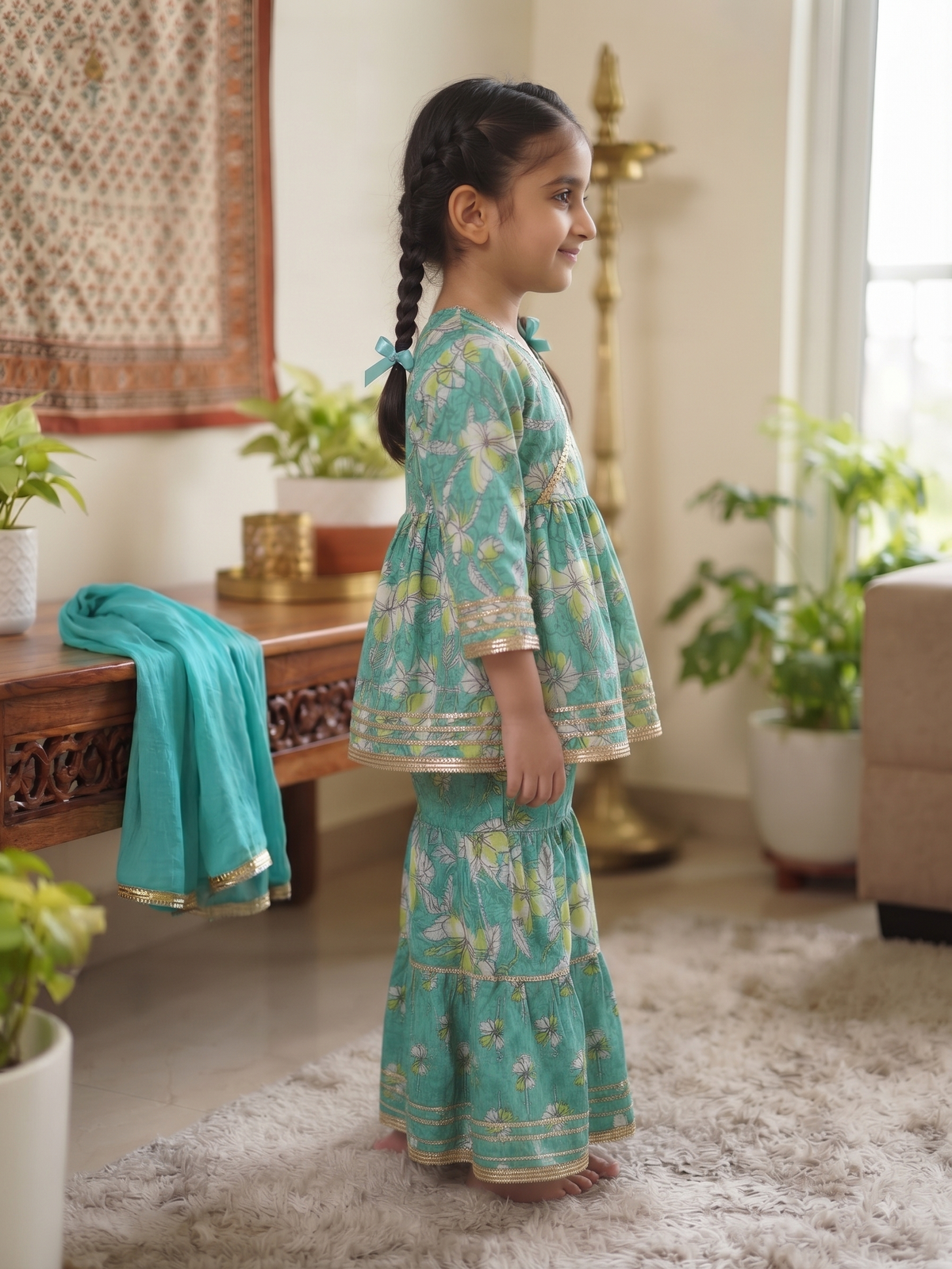 Kids Floral Print Peplum Kurta with Sharara and Dupatta Set