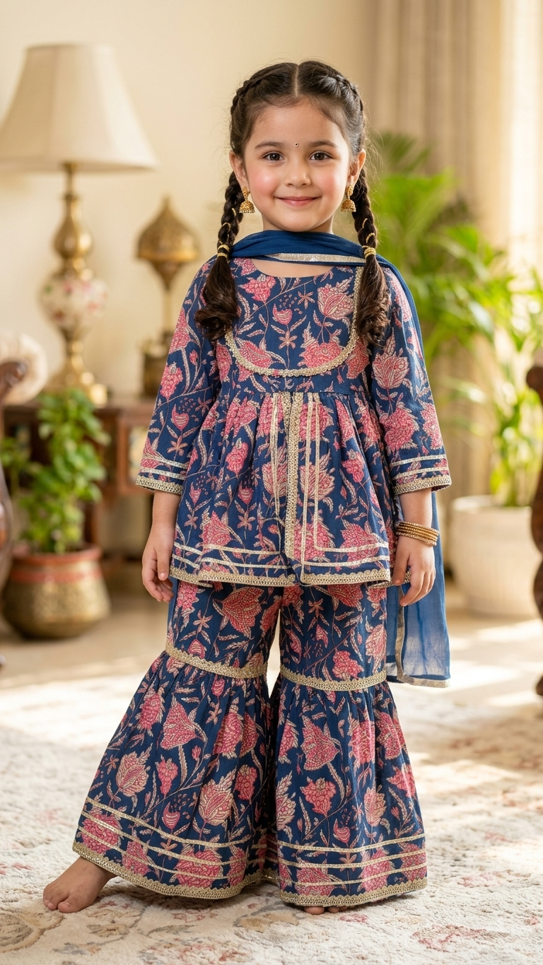 Floral Printed Kurta Sharara Set with Dupatta for Girls