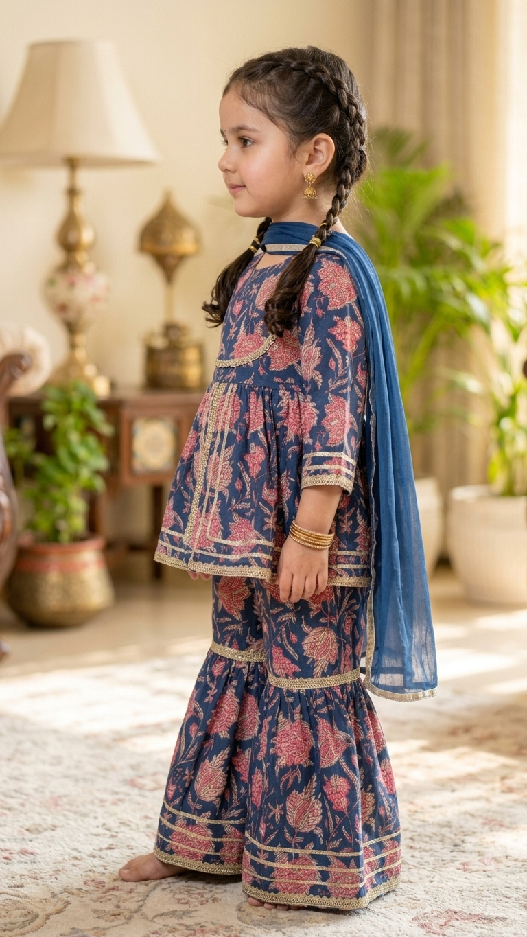 Floral Printed Kurta Sharara Set with Dupatta for Girls