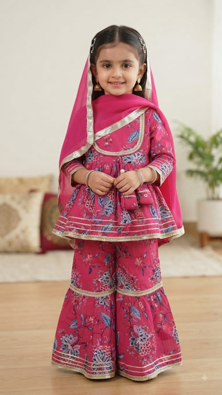 Olecuzi Designer Pink Floral Print Peplum Kurti with Sharara and Dupatta Set for Girls