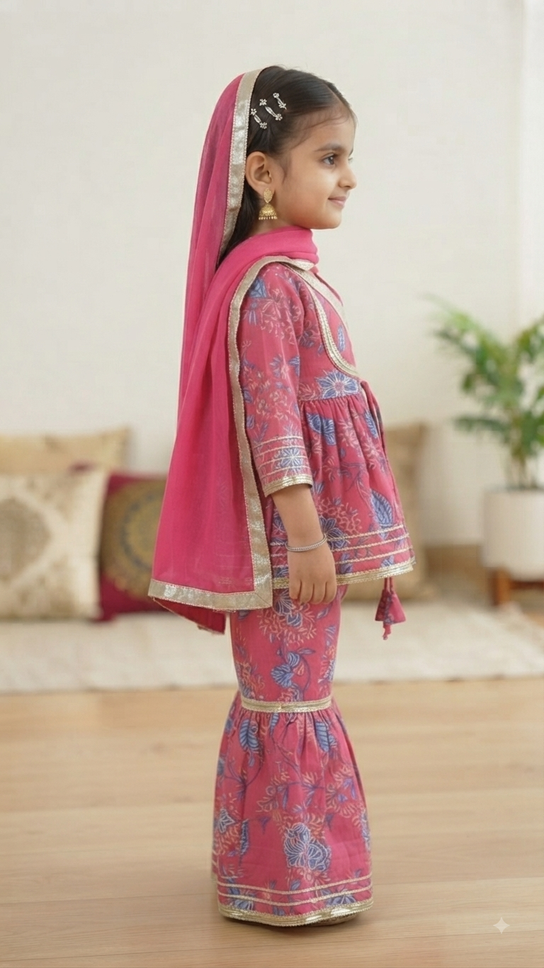 Olecuzi Designer Pink Floral Print Peplum Kurti with Sharara and Dupatta Set for Girls